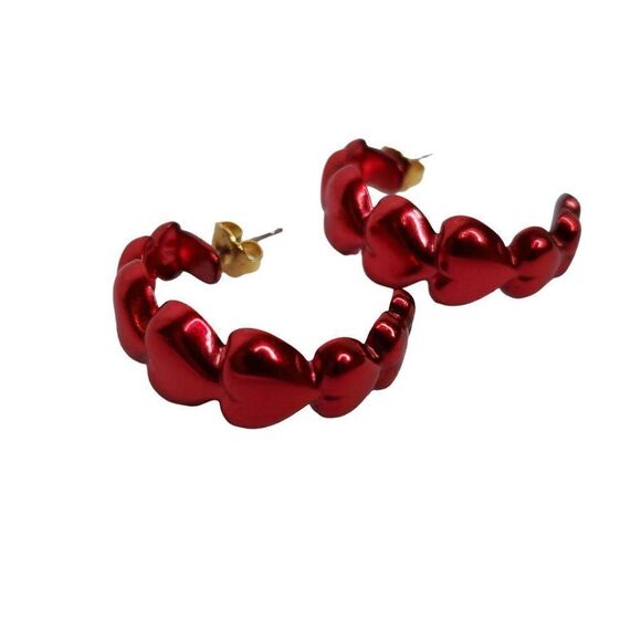 Vintage 80s Half Hoop Heart Earrings Matte Metallic Red Valentine Love - Picture 1 of 2